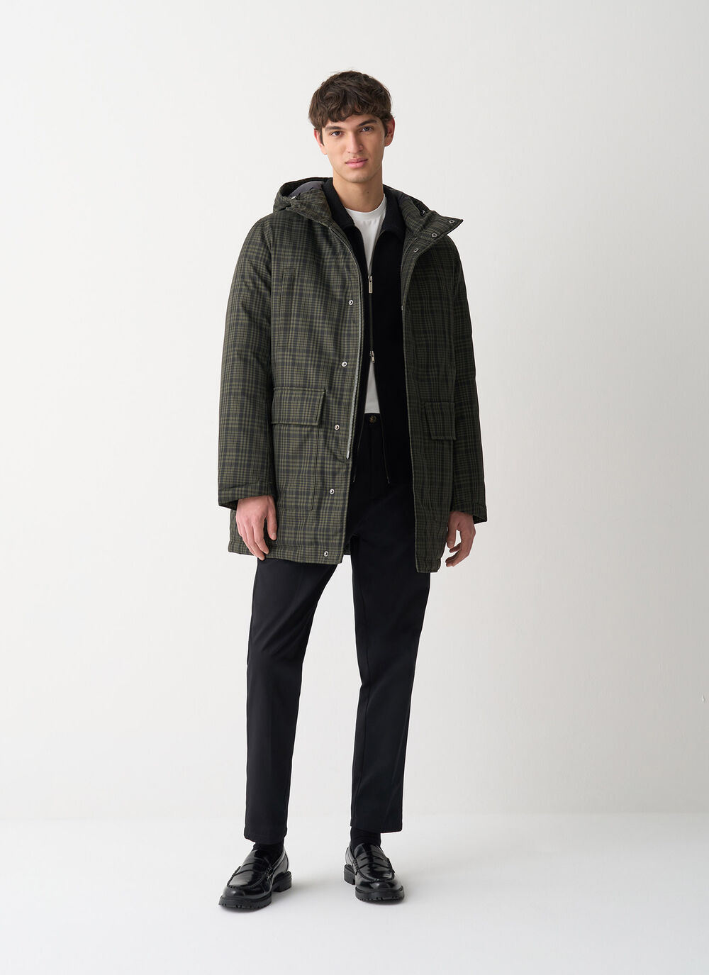 Long check down jacket with hood image number 0