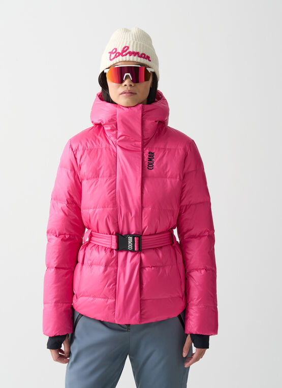 Glossy padded ski jacket with belt