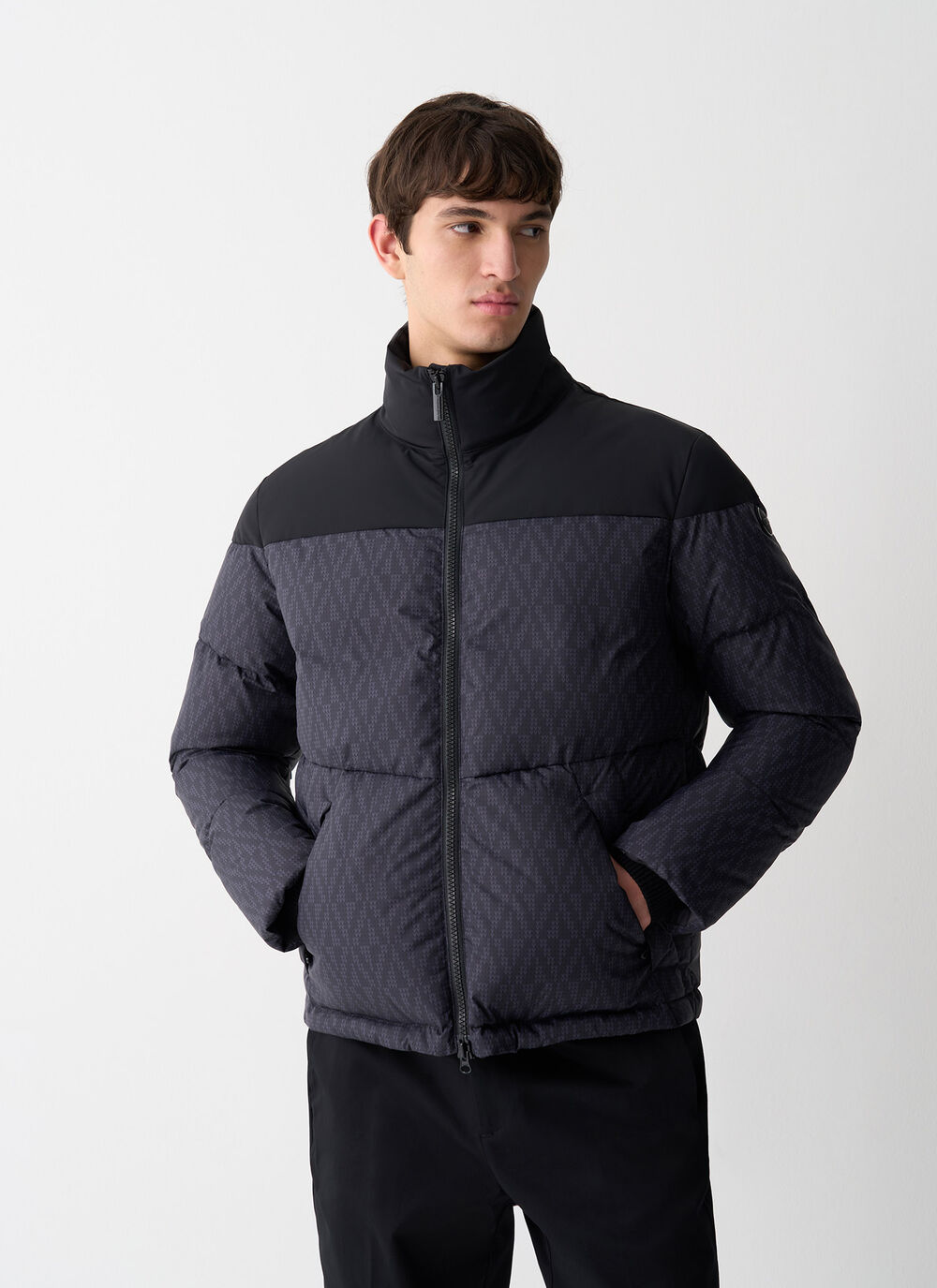 Down jacket with geometric print image number 1