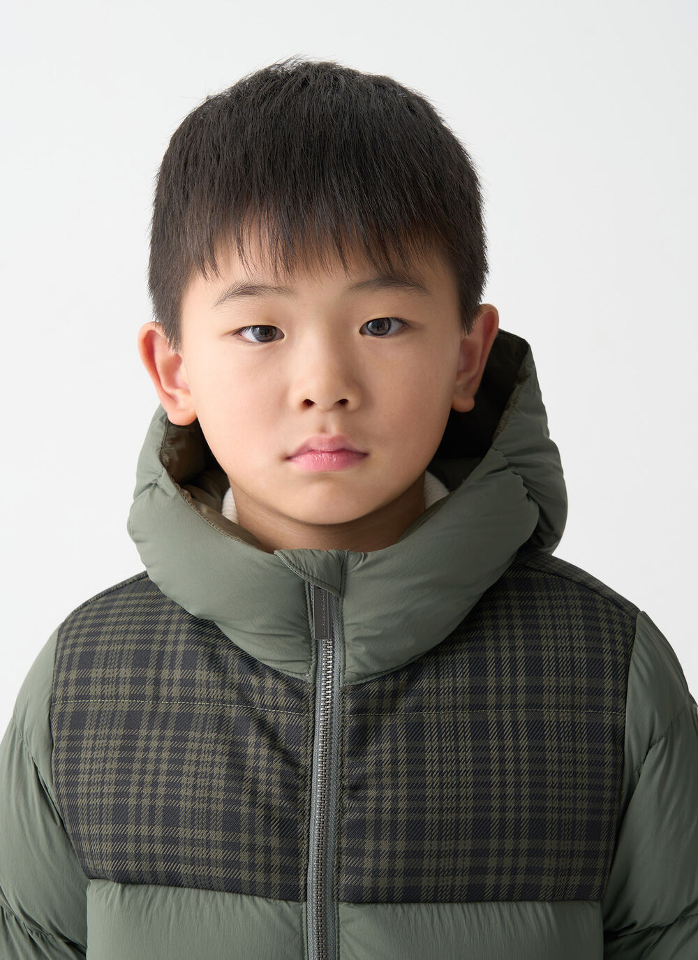 Check hooded down jacket image number 2