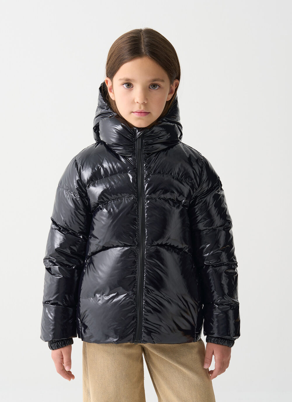 Glossy hooded down jacket image number 1