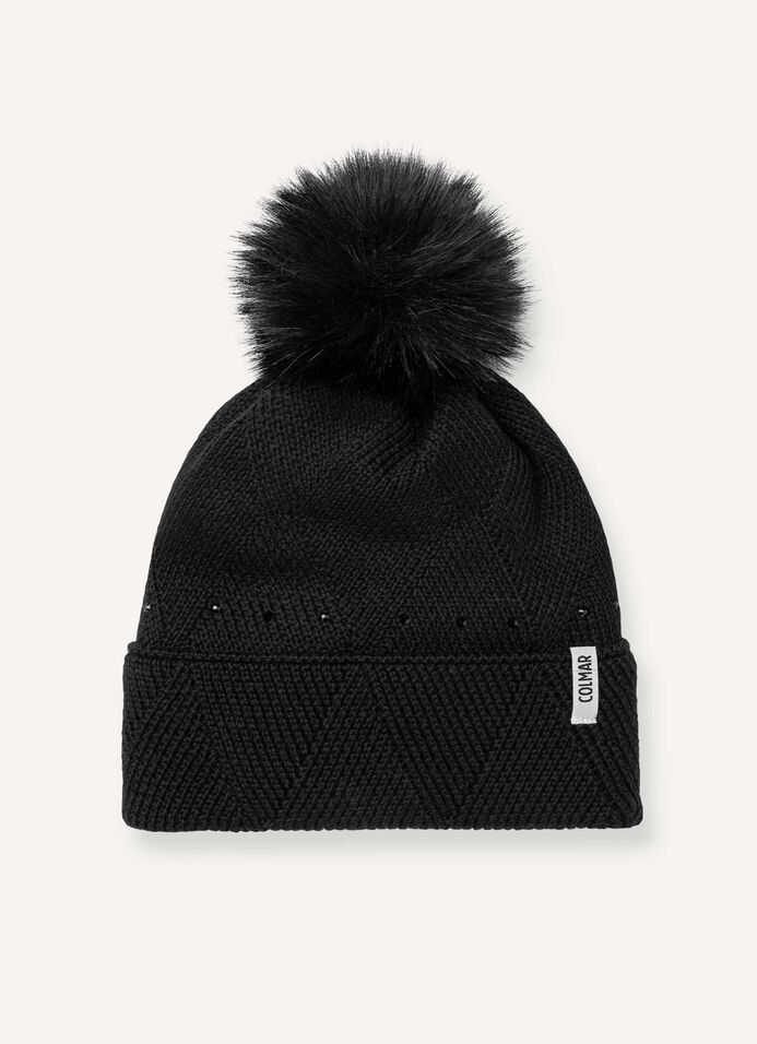 Women’s hat with diamond motif and pom-pom image number 1