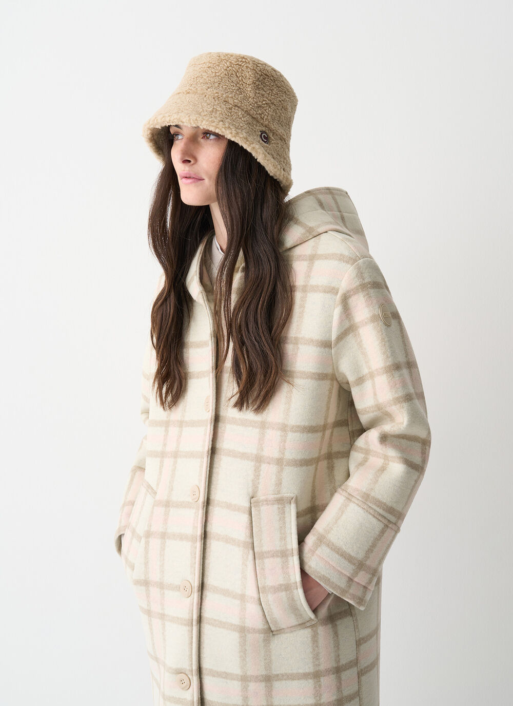Long check hooded coat image number 1