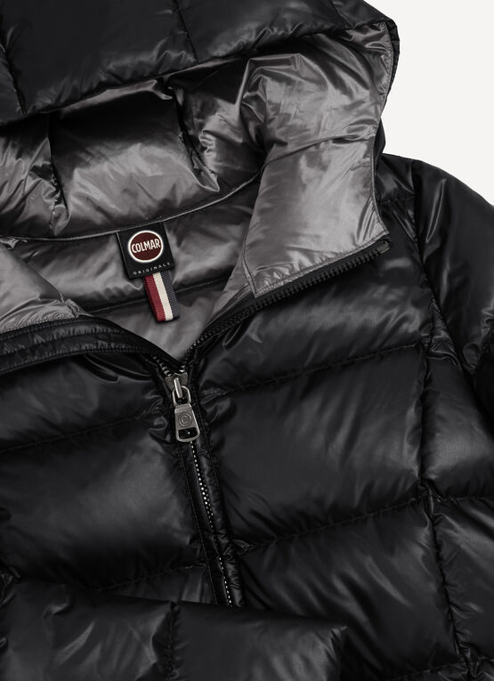 Long down jacket with attached hood
