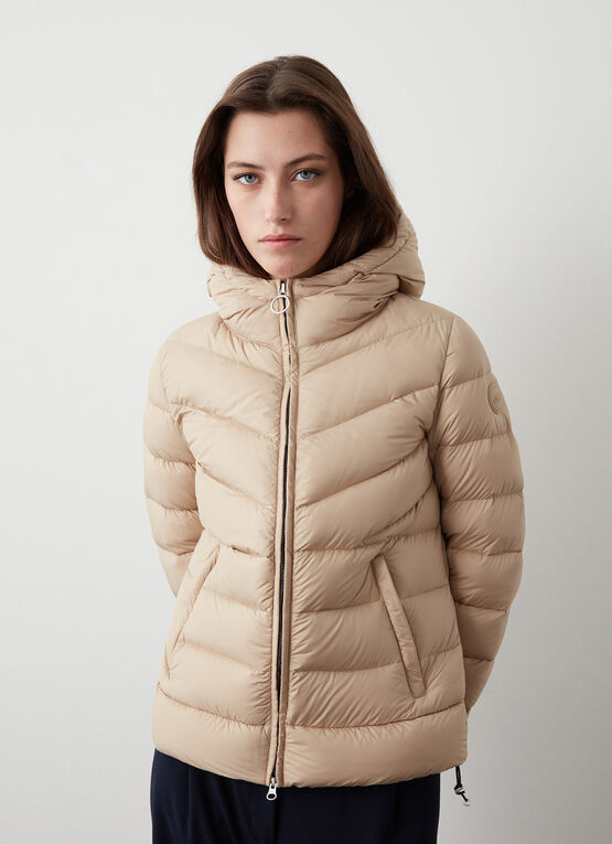 Daunenjacke mit fester Kapuze aus mattem Gewebe